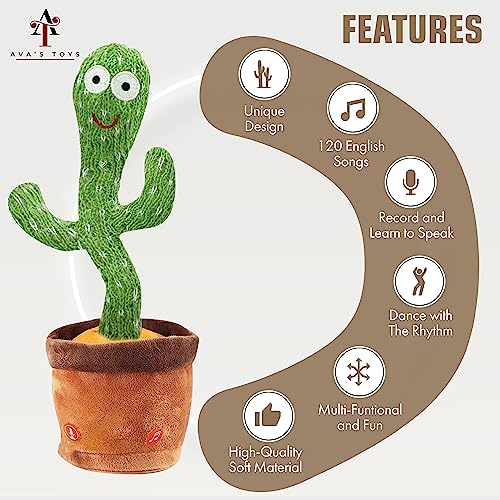 Ava's Toys Dancing Cactus Toy – Talking Cactus Toy for Boys and Girls – Singing Cactus Toy Repeat What You Say – Singing, Dancing, Voice Recording Plush Learning Toys