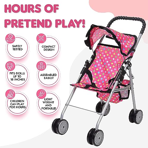 fash n kolor Doll Stroller with Basket - My First Baby Doll Umbrella Stroller - Pink Polka Dot Foldable Doll Pram Baby Doll Accessories Gift Toys for Girls with 2 Free Bonus Bottles
