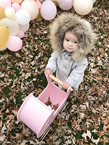 Moover Wooden Doll's Pram for Toddlers, Fully Assembled, Push Along Toy, High Quality Birch Wood Pram, 2 Years+, 46 x 44 x 25 cm, Baby Pink and Natural Wood