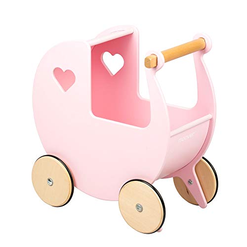 Moover Wooden Doll's Pram for Toddlers, Fully Assembled, Push Along Toy, High Quality Birch Wood Pram, 2 Years+, 46 x 44 x 25 cm, Baby Pink and Natural Wood