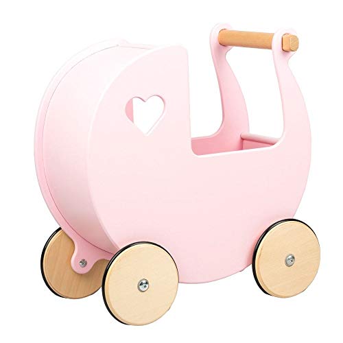 Moover Wooden Doll's Pram for Toddlers, Fully Assembled, Push Along Toy, High Quality Birch Wood Pram, 2 Years+, 46 x 44 x 25 cm, Baby Pink and Natural Wood