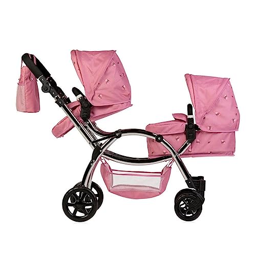 Roma Darcie Twin Dolls Pram in Pink, Suitable From 3 to 16 Years, Adjustable Handle Height, 16 Combinations, Double Dolly Toy Stroller For Christmas, Ideal For Reborn Dolls