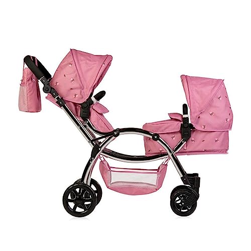 Roma Darcie Twin Dolls Pram in Pink, Suitable From 3 to 16 Years, Adjustable Handle Height, 16 Combinations, Double Dolly Toy Stroller For Christmas, Ideal For Reborn Dolls