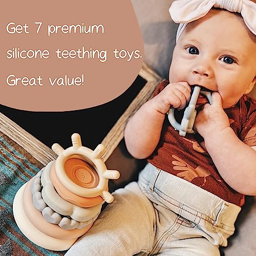Moonkie Stacks of Circles Soft Teething Toy Educational Learning Stacking Ring Toys for Babies, 7 Piece Set