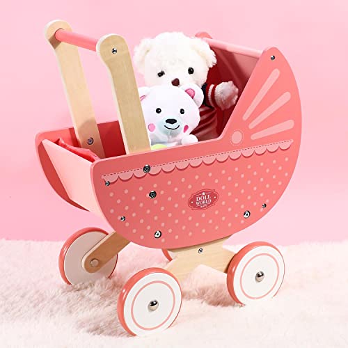 SOKA Doll World Pram Push Along Toy Baby Toddler First Step Activity Walker Push & Pull Walking Wagon Princess Pretend Play Pushchair Gift for Kids Children Girls Ages 3 year old +