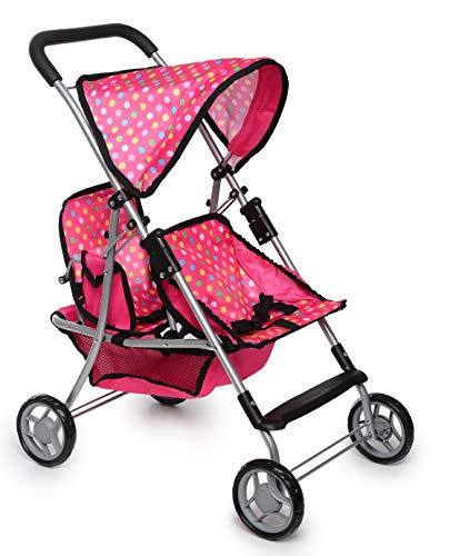 Twin Baby Doll Stroller - Pretend Play Baby Stroller For Dolls - Toy Stroller With Storage Basket For Baby Doll Accessories Set - Foldable Polka Dot Design Baby Stroller Toy For Kids