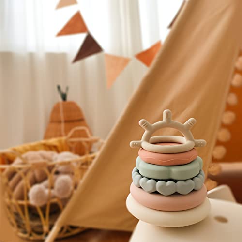 Moonkie Stacks of Circles Soft Teething Toy Educational Learning Stacking Ring Toys for Babies, 7 Piece Set