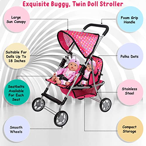 Twin Baby Doll Stroller - Pretend Play Baby Stroller For Dolls - Toy Stroller With Storage Basket For Baby Doll Accessories Set - Foldable Polka Dot Design Baby Stroller Toy For Kids