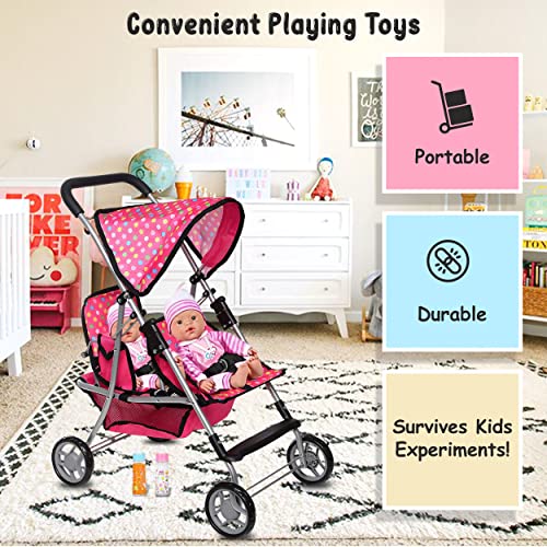 Twin Baby Doll Stroller - Pretend Play Baby Stroller For Dolls - Toy Stroller With Storage Basket For Baby Doll Accessories Set - Foldable Polka Dot Design Baby Stroller Toy For Kids