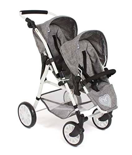 Bayer Chic 2000 - Twinny doll's pram, twin doll pram for two dolls, twin buggy for children from 4 to 8 years, jeans grey, 691-76, 63 x 43 x 77 cm