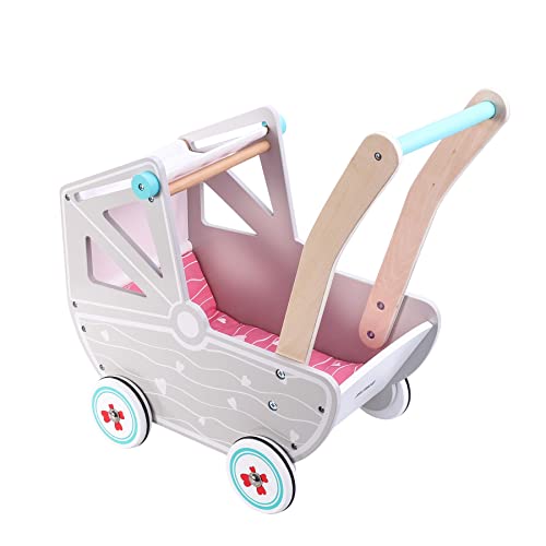 SOKA Dolls Pram Push & Pull Walking Wagon Toy Pretend Play Pushchair Baby Toddler First Step Activity Walker Princess Gift for Kids Children Girls Ages 3 year old +