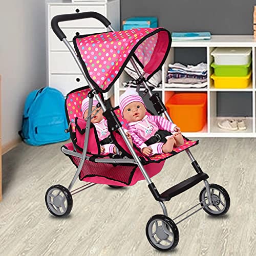 Twin Baby Doll Stroller - Pretend Play Baby Stroller For Dolls - Toy Stroller With Storage Basket For Baby Doll Accessories Set - Foldable Polka Dot Design Baby Stroller Toy For Kids