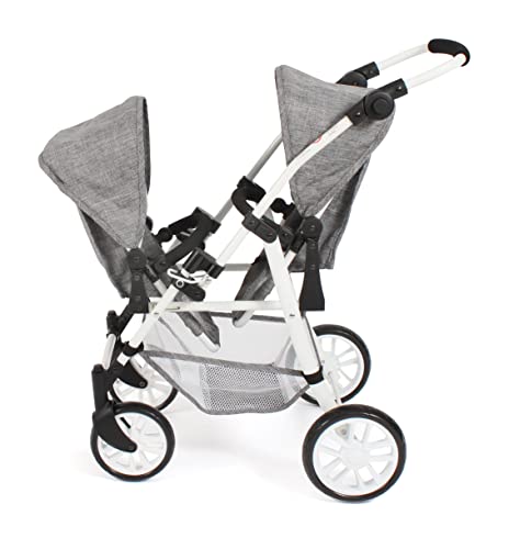 Bayer Chic 2000 - Twinny doll's pram, twin doll pram for two dolls, twin buggy for children from 4 to 8 years, jeans grey, 691-76, 63 x 43 x 77 cm