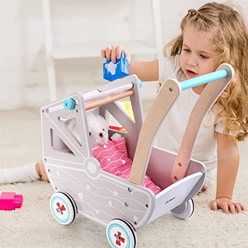 SOKA Dolls Pram Push & Pull Walking Wagon Toy Pretend Play Pushchair Baby Toddler First Step Activity Walker Princess Gift for Kids Children Girls Ages 3 year old +