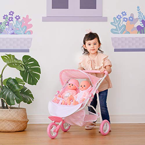 Olivia's Little World Double Twin Baby Doll Pram Stroller Pushchair Pink Stars OL-00012
