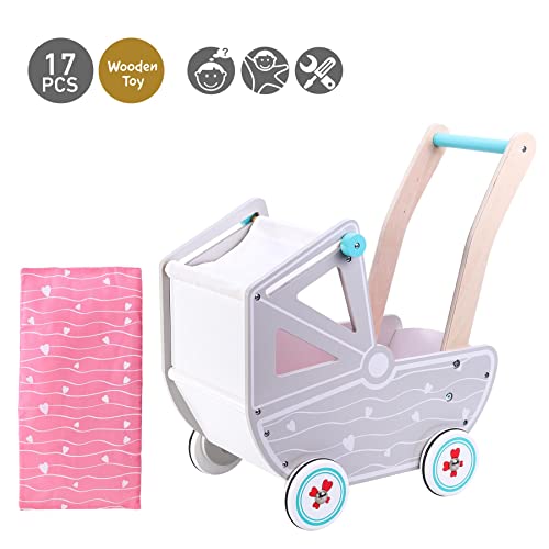SOKA Dolls Pram Push & Pull Walking Wagon Toy Pretend Play Pushchair Baby Toddler First Step Activity Walker Princess Gift for Kids Children Girls Ages 3 year old +