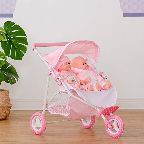 Olivia's Little World Double Twin Baby Doll Pram Stroller Pushchair Pink Stars OL-00012