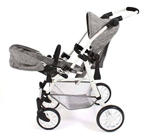 Bayer Chic 2000 - Twinny doll's pram, twin doll pram for two dolls, twin buggy for children from 4 to 8 years, jeans grey, 691-76, 63 x 43 x 77 cm