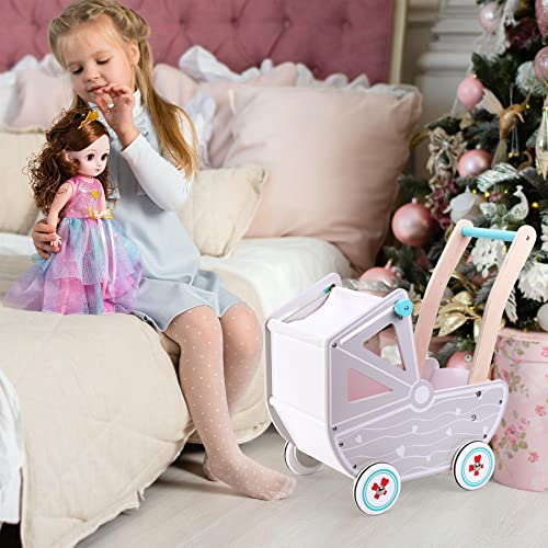 SOKA Dolls Pram Push & Pull Walking Wagon Toy Pretend Play Pushchair Baby Toddler First Step Activity Walker Princess Gift for Kids Children Girls Ages 3 year old +
