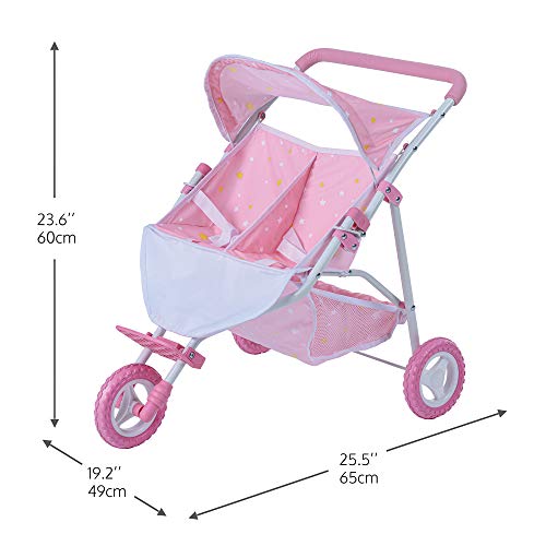 Olivia's Little World Double Twin Baby Doll Pram Stroller Pushchair Pink Stars OL-00012