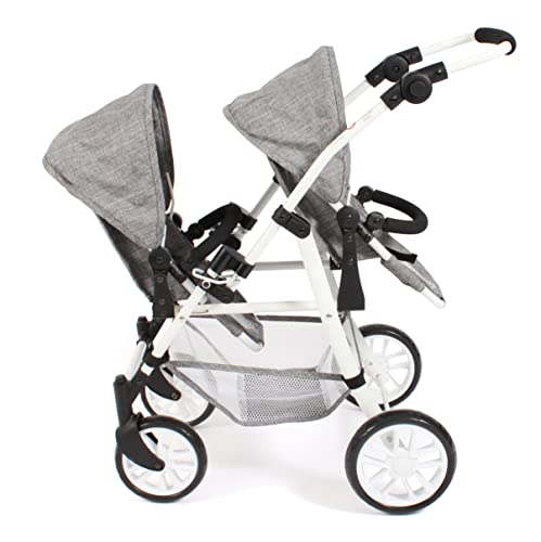 Bayer Chic 2000 - Twinny doll's pram, twin doll pram for two dolls, twin buggy for children from 4 to 8 years, jeans grey, 691-76, 63 x 43 x 77 cm