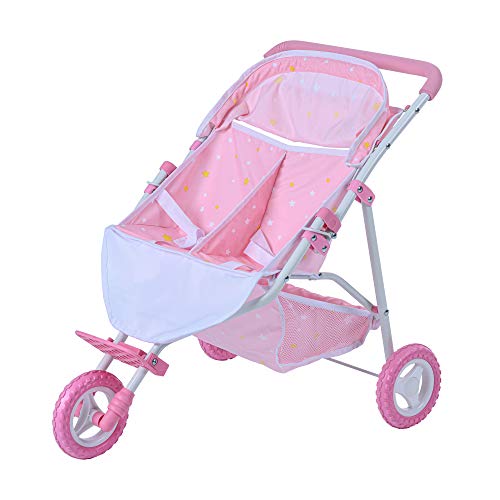 Olivia's Little World Double Twin Baby Doll Pram Stroller Pushchair Pink Stars OL-00012