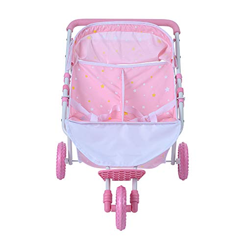 Olivia's Little World Double Twin Baby Doll Pram Stroller Pushchair Pink Stars OL-00012