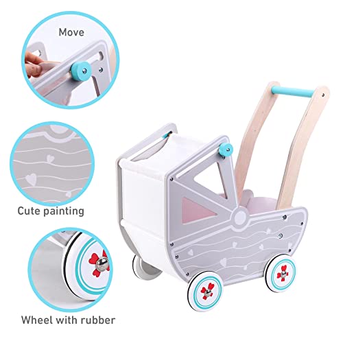 SOKA Dolls Pram Push & Pull Walking Wagon Toy Pretend Play Pushchair Baby Toddler First Step Activity Walker Princess Gift for Kids Children Girls Ages 3 year old +
