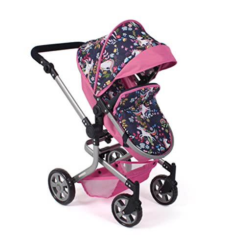 Bayer Chic 2000 595-43 Mika Doll's Pram, 2-in-1 Combination Doll Pram for Children from 4 to 8 Years, Unicorn, Pink-Navy
