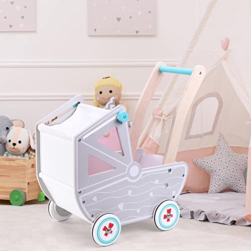 SOKA Dolls Pram Push & Pull Walking Wagon Toy Pretend Play Pushchair Baby Toddler First Step Activity Walker Princess Gift for Kids Children Girls Ages 3 year old +