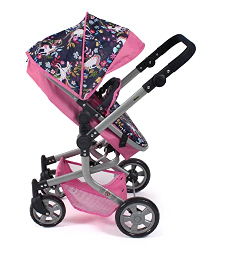 Bayer Chic 2000 595-43 Mika Doll's Pram, 2-in-1 Combination Doll Pram for Children from 4 to 8 Years, Unicorn, Pink-Navy