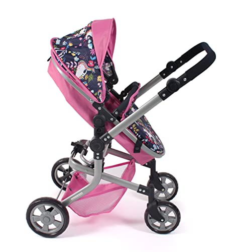 Bayer Chic 2000 595-43 Mika Doll's Pram, 2-in-1 Combination Doll Pram for Children from 4 to 8 Years, Unicorn, Pink-Navy