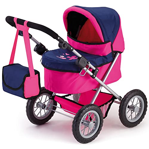 Bayer Design 13013AA Dolls Pram Trendy, Stroller, Foldable, Height-Adjustable Handle, Bag, Blue, Pink
