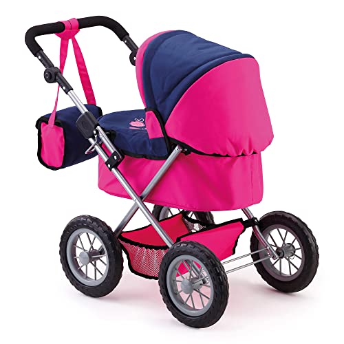 Bayer Design 13013AA Dolls Pram Trendy, Stroller, Foldable, Height-Adjustable Handle, Bag, Blue, Pink