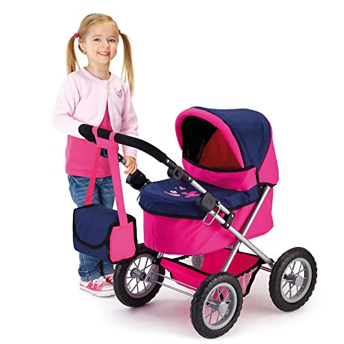 Bayer Design 13013AA Dolls Pram Trendy, Stroller, Foldable, Height-Adjustable Handle, Bag, Blue, Pink