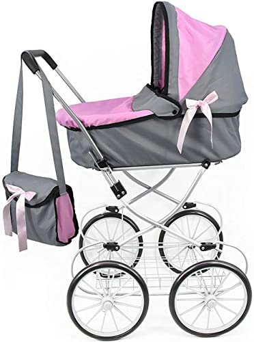 The Magic Toy Shop Bibi Doll - Dolls Pushchair Stroller Cambridge Pram Vintage Doll Buggy with Storage Basket & Carry Bag For Girls And Boys, Age 3 to 10 Years (Pink)