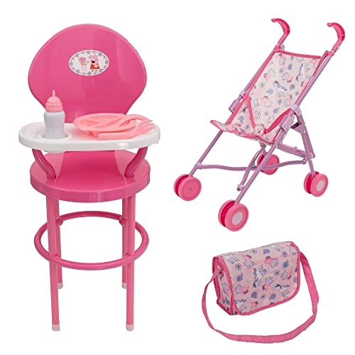 Peppa Pig Nursery Playset | 4 Piece Nursery Playset Doll Highchair, Peppa Pig Stroller, Reusable Cutlery Set & Changing Bag And Mat | Prams, Pushchairs and Dolls Accessories For Boys & Girls Age 3+