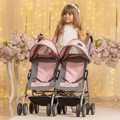 Play Like Mum Daisy Chain Zipp Twin Max Dolls Pushchair – Adjustable handles from 76-82cm. For ages 4,5,6,7,8 or 9 years. In Classic Pink Fabric