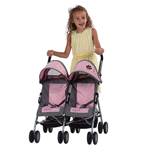 Play Like Mum Daisy Chain Zipp Twin Max Dolls Pushchair – Adjustable handles from 76-82cm. For ages 4,5,6,7,8 or 9 years. In Classic Pink Fabric