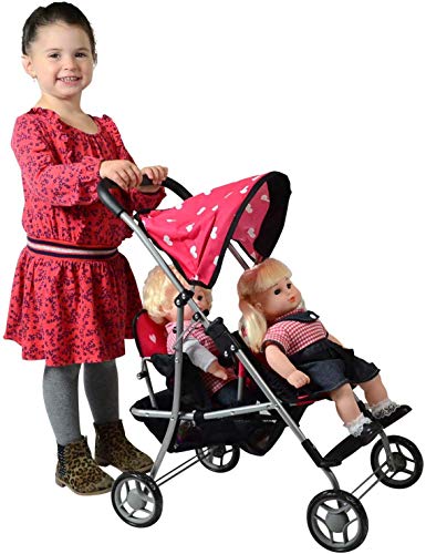 The New York Doll Collection First Doll Twin Buggy (Stroller) - Cutest Heart Design Baby Doll Pram - Toy Dolls Buggy Great Gift for Toddlers, Girls and Boys – Baby Doll Pushchair - Dolls Accessories