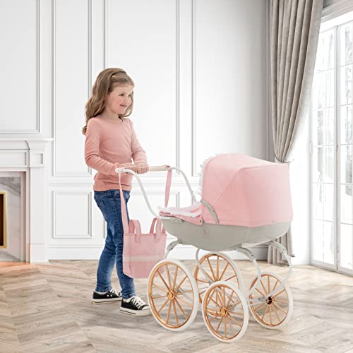 Bella Rosa Cambridge Carriage Pram | Pink Traditional Carriage Pram Dolls Pram Rose Gold Wheels | Kids Travel System With Matching Pillow And Blanket | Pushchair & Pram Toys For Kids Aged 3+
