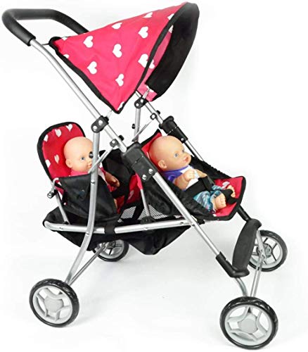 The New York Doll Collection First Doll Twin Buggy (Stroller) - Cutest Heart Design Baby Doll Pram - Toy Dolls Buggy Great Gift for Toddlers, Girls and Boys – Baby Doll Pushchair - Dolls Accessories