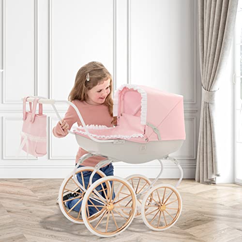Bella Rosa Cambridge Carriage Pram | Pink Traditional Carriage Pram Dolls Pram Rose Gold Wheels | Kids Travel System With Matching Pillow And Blanket | Pushchair & Pram Toys For Kids Aged 3+