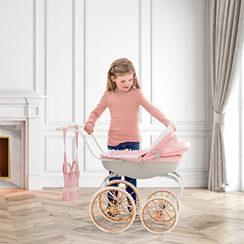 Bella Rosa Cambridge Carriage Pram | Pink Traditional Carriage Pram Dolls Pram Rose Gold Wheels | Kids Travel System With Matching Pillow And Blanket | Pushchair & Pram Toys For Kids Aged 3+