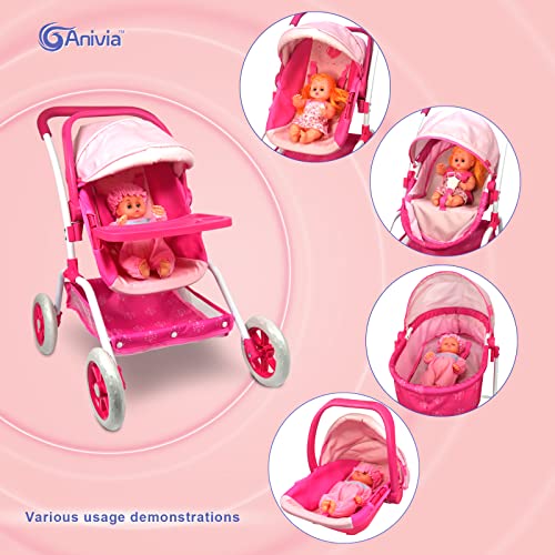Anivia Dolls Pram, Doll Pushchair, 8 in 1 Stroller Dolls Pushchair & Pram Toys Gift For Kids, Suitable Dolls Up to 14 inch - Pink