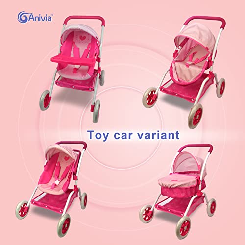 Anivia Dolls Pram, Doll Pushchair, 8 in 1 Stroller Dolls Pushchair & Pram Toys Gift For Kids, Suitable Dolls Up to 14 inch - Pink