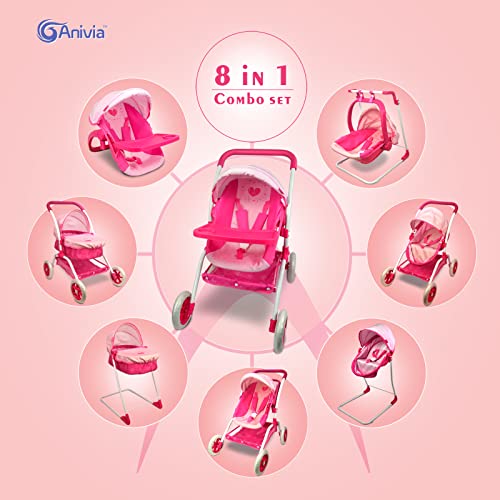 Anivia Dolls Pram, Doll Pushchair, 8 in 1 Stroller Dolls Pushchair & Pram Toys Gift For Kids, Suitable Dolls Up to 14 inch - Pink