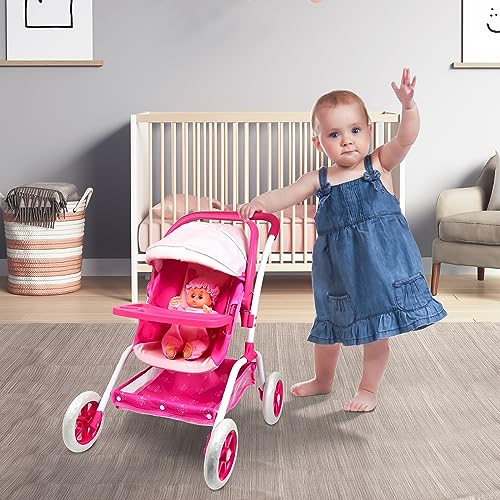 Anivia Dolls Pram, Doll Pushchair, 8 in 1 Stroller Dolls Pushchair & Pram Toys Gift For Kids, Suitable Dolls Up to 14 inch - Pink