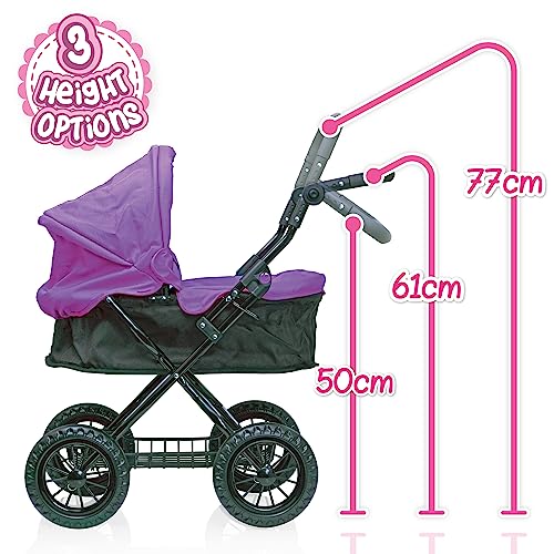 Molly Dolly Dolls Pram - Toy Pram With Adjustable Handle Height - Doll Pram For Girls Age 3-7 Years