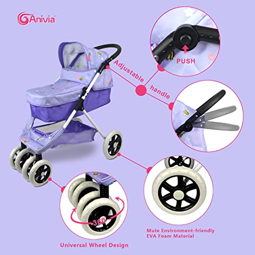 Anivia Dolls Pram, Doll Pushchair, 2 in 1 Stroller Dolls Pushchair & Pram Toys Gift For Kids, Suitable Dolls Up to 18 inch - Purple